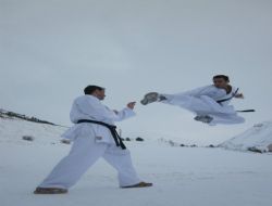 Kar altında karate gösterisi